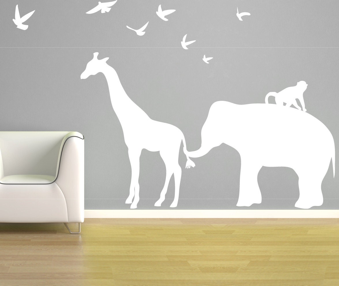Elephant Giraffe Wall Decal - Zoo Line Safari Jungle Silhouette - Vinyl Wall Art Room Decor - Children's Bedroom Nursery - CA112C