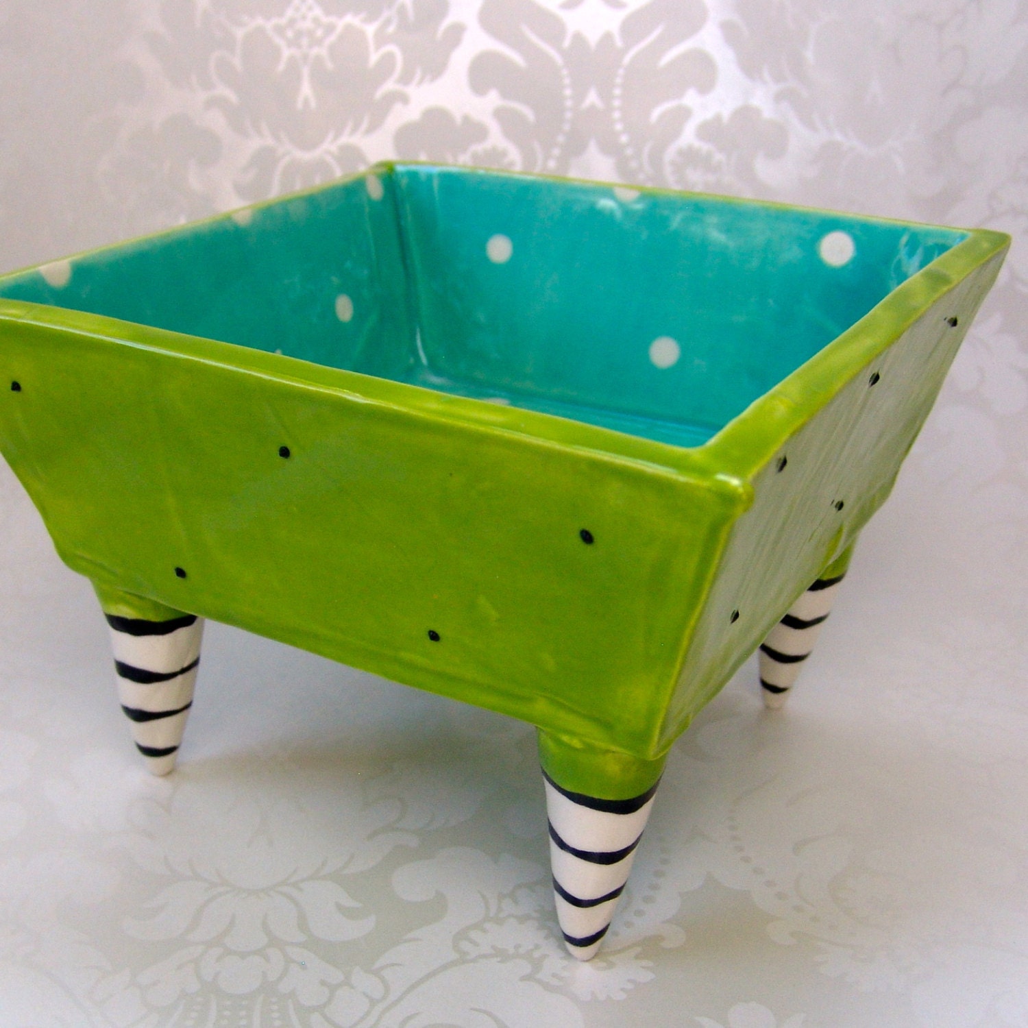 lime turquoise business card Dish w/ black & white striped legs