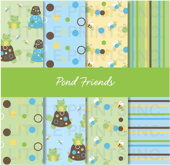 Pond Frog Turtle Printable Paper Digital Paper INSTANT DOWNLOAD Il_570xn