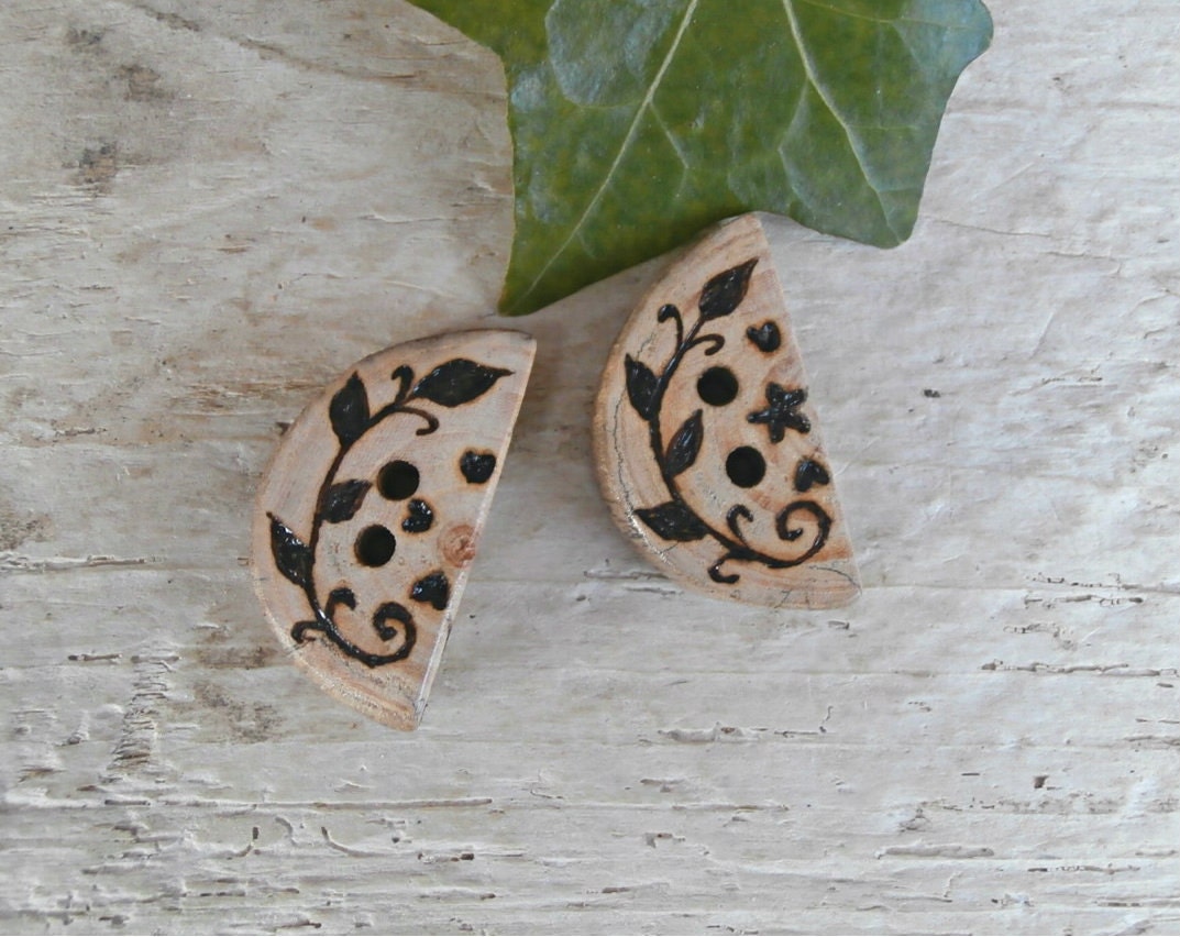 Sale - Wood Sewing Buttons - Set of 2 - Moon Shaped, Rustic Floral Design - Handcrafted and Eco Friendly