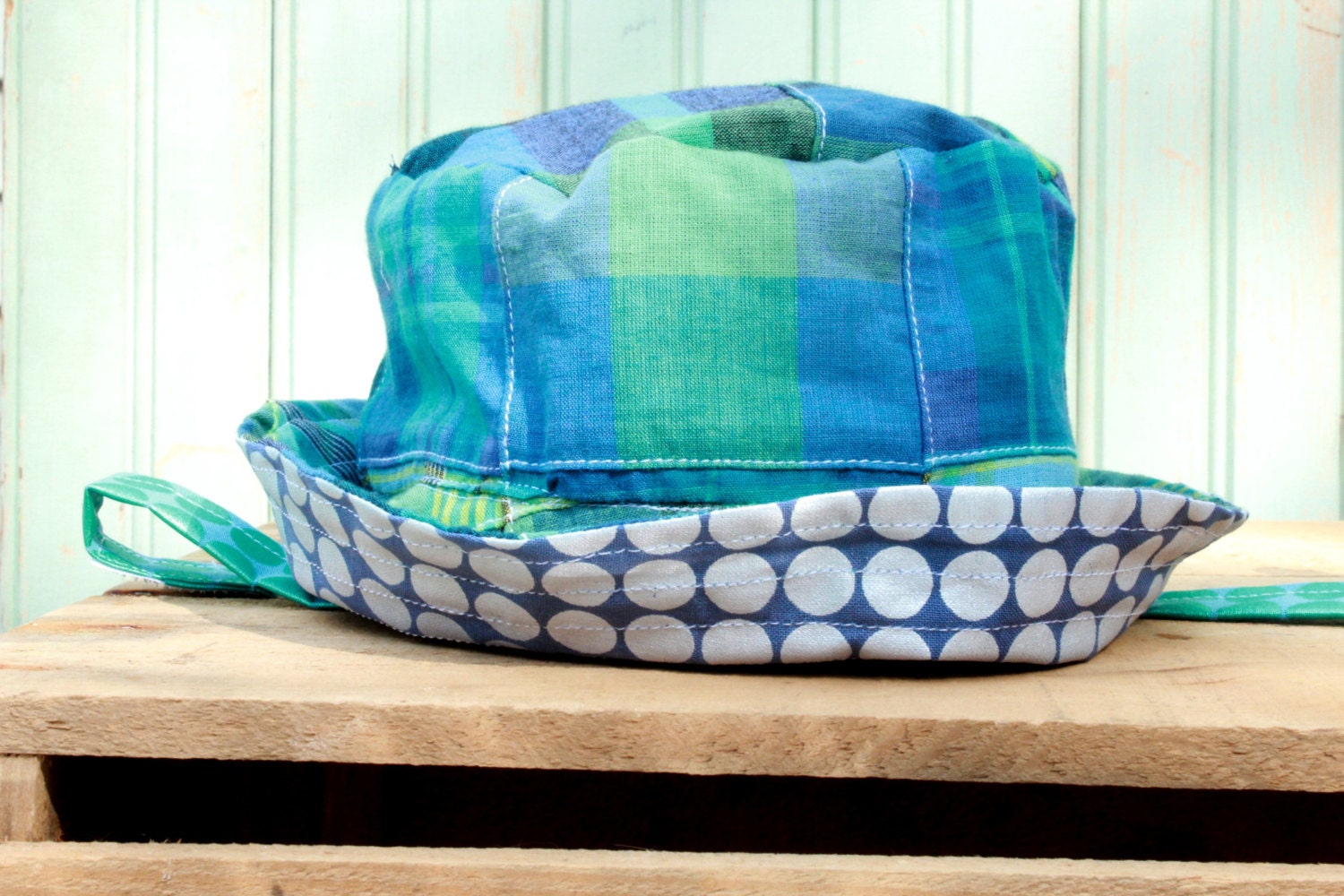 Baby Sun Hat Turquoise Madras Bucket Cap Newborn to 6 Months - Reversible Trick Sun Hat Country Style - worthygoods
