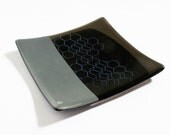 Modern fused glass plate- dark and transparent grey minimalist hand printed honeycomb design