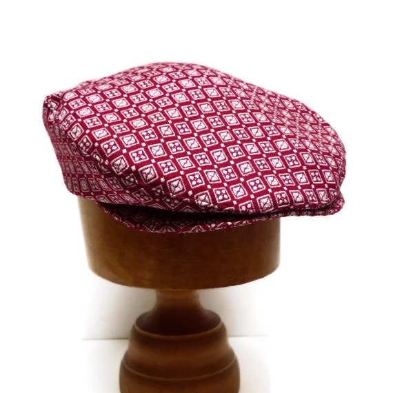 Men's Driving Cap in Vintage Red and White Wool - Men's Hat - Made to Order in Your Size