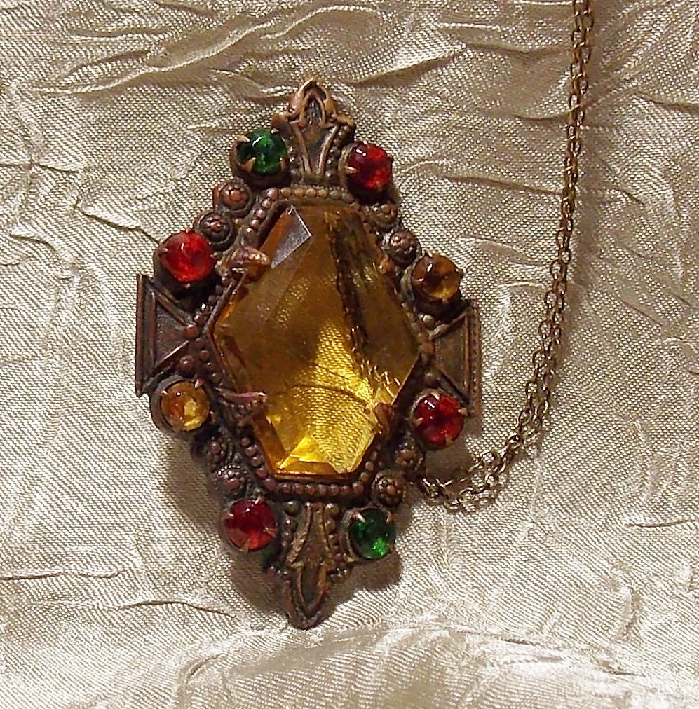 Vintage Victorian Glass Brass Necklace
