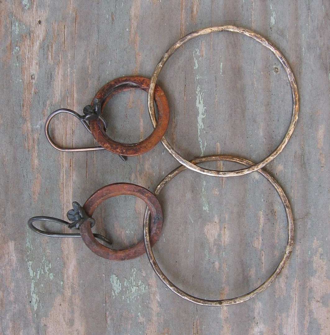 Absolutly Simply Lovely the Crow Said - Earrings... Hand Hammered  Sterling Silver Hoops and Copper Pipe