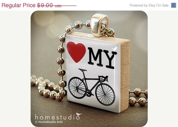 Moving Sale - LOVE MY BIKE : a pendant charm made from a Scrabble Game Tile game piece