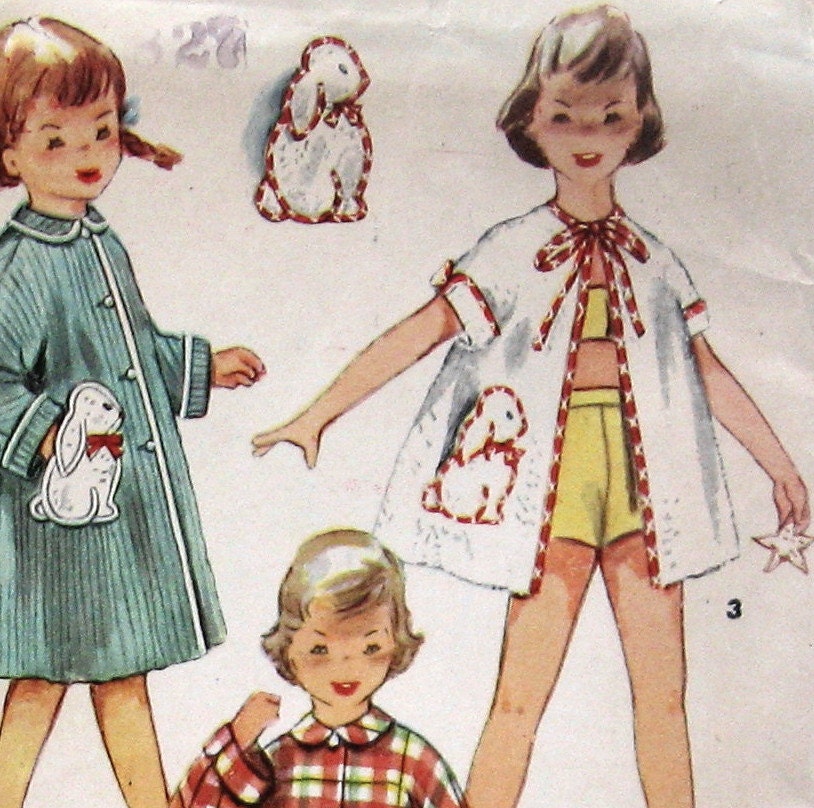 1950s Vintage Girls Beach Robe Pattern With Bunny Aplique Transfers Optional Button Front Version Simplicity 4503 Sz 4
