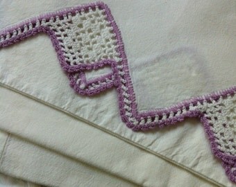 Vintage pillowcase- purple crochet edge- standard size
