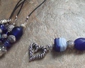 Blue and Silver Heart and Star Beaded Book Thong - Four Strand Bookmark  Valentines Day