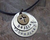 Personalized First Communion Baptism Confirmation Handstamped Silver and Brass Cross Necklace - Triple Tag