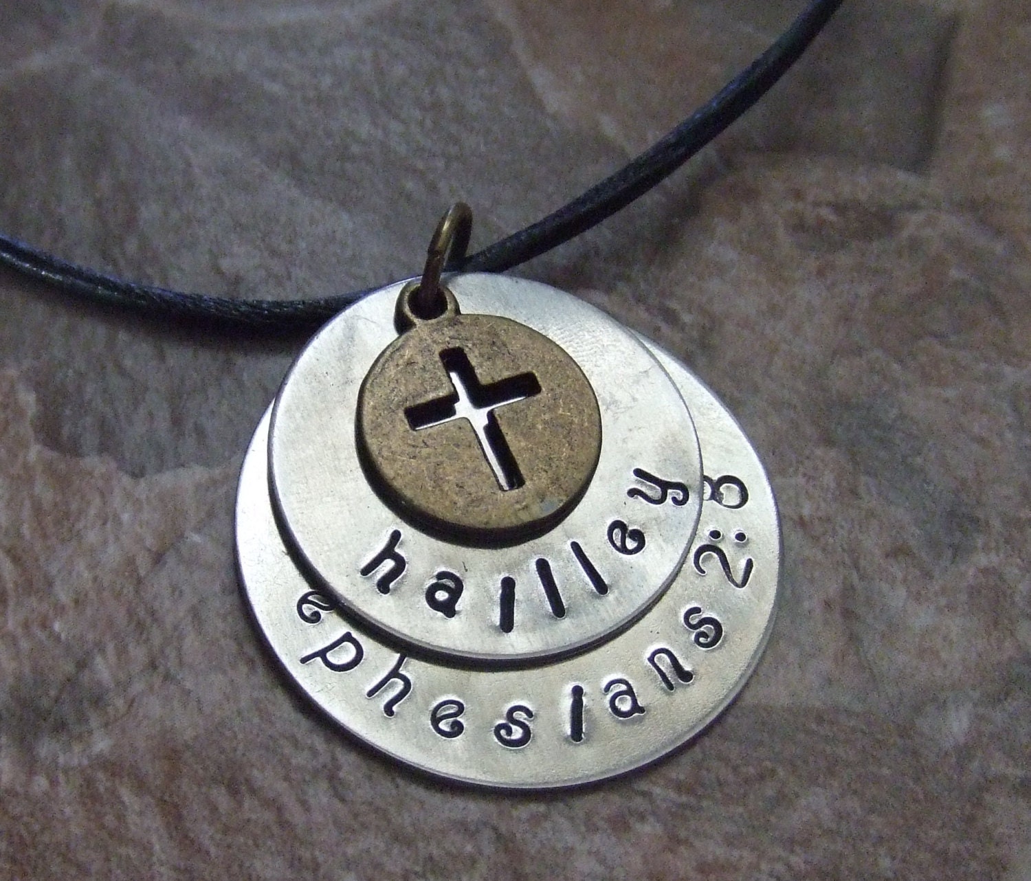 Personalized First Communion Baptism Confirmation Handstamped Silver and Brass Cross Necklace - Triple Tag
