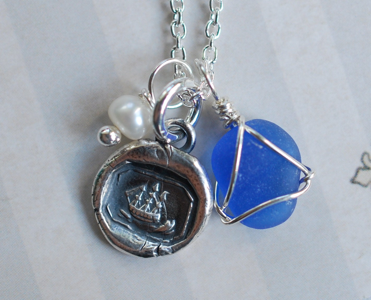 tiny ship wax seal and seaglass trio necklace... wax seal jewelry