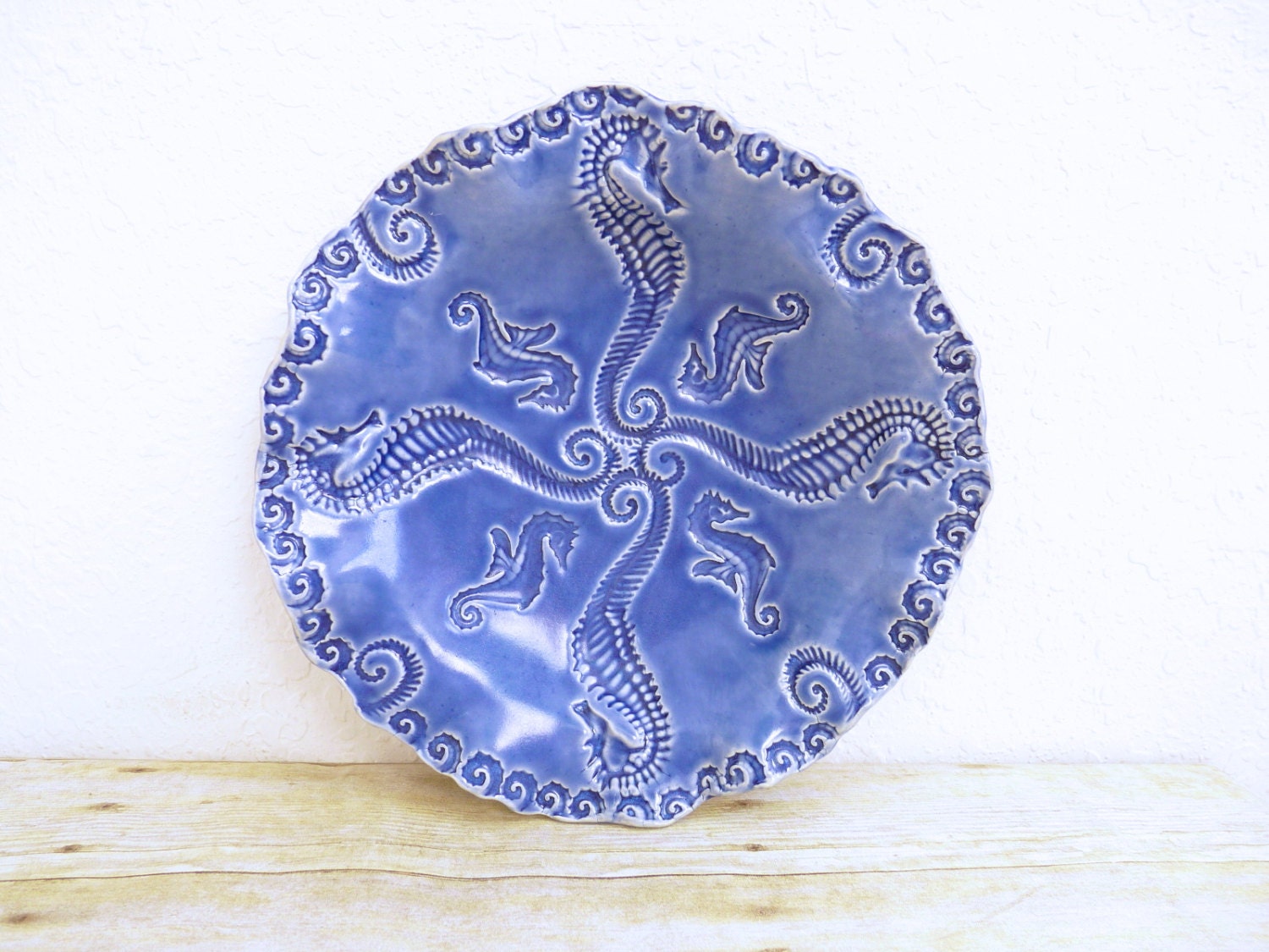 Ceramic Serving Bowl Plate with Seahorses Beautiful Blue Handcrafted Pottery Dish Ocean Design