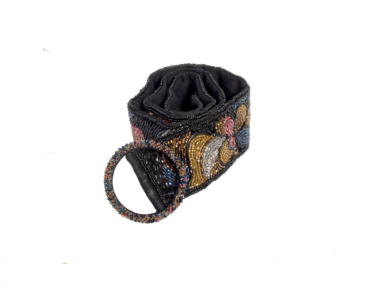Vintage 70s 80s Beaded Belt Black Pink Bronze Gold Glass Boho Beading S XS