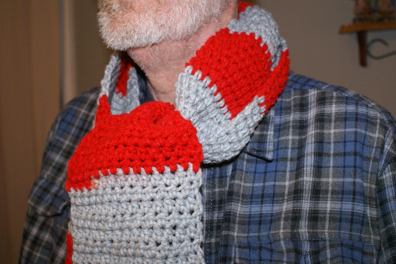 Red and grey striped scarf