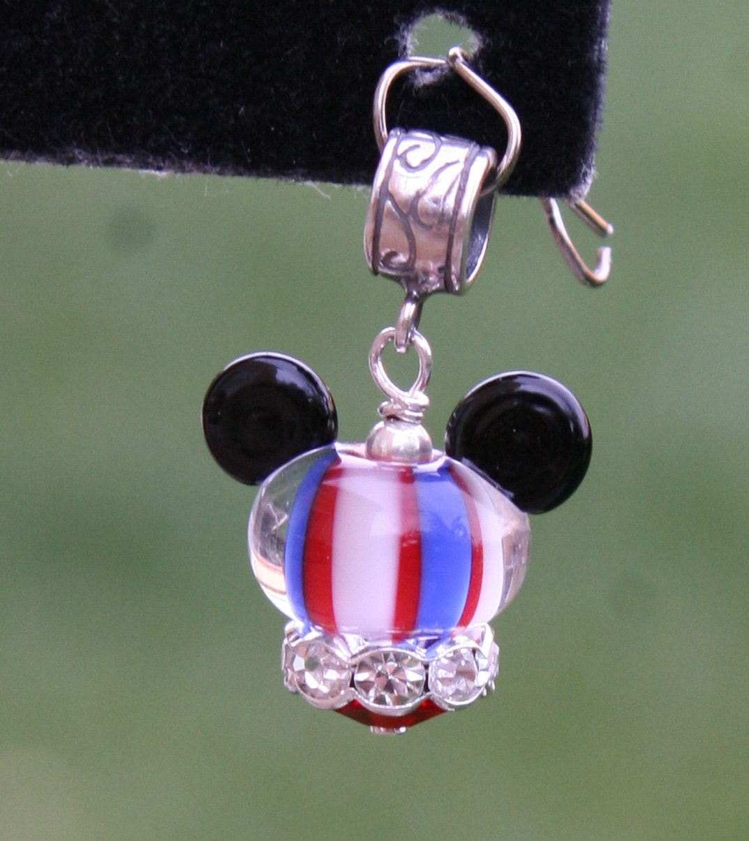 American Themed European Bracelet Charm Mickey Mouse Style Disney Inspired DeSIGNeR Lampwork Red White Blue Disneyland Magic