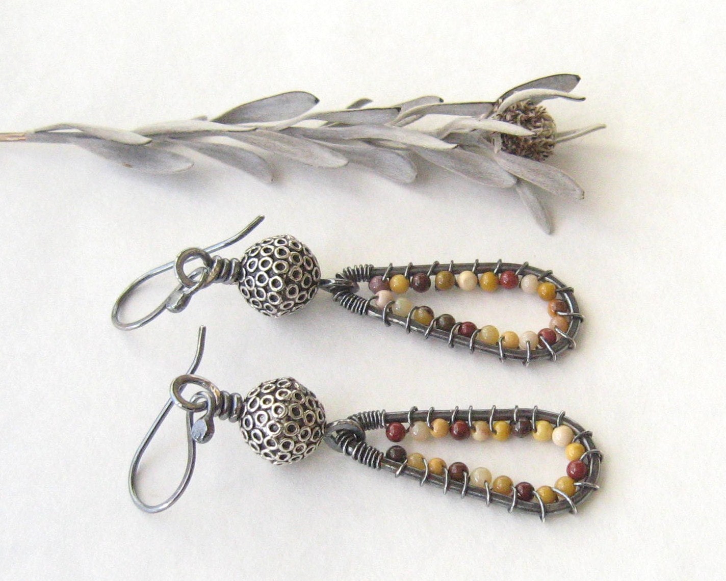 jasper and silver dangle earrings, wire wrap dangle earrings, multi color stone earrings