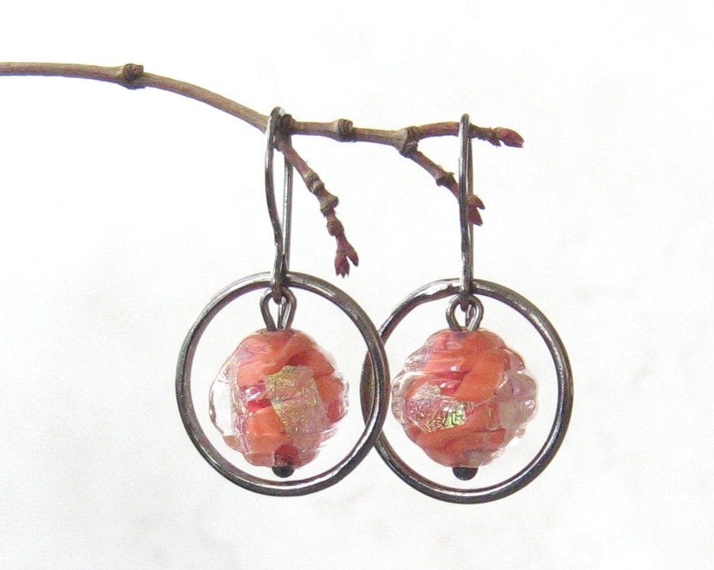 peach dangle earrings with lampwork glass beads and sterling silver - theBeadAerie