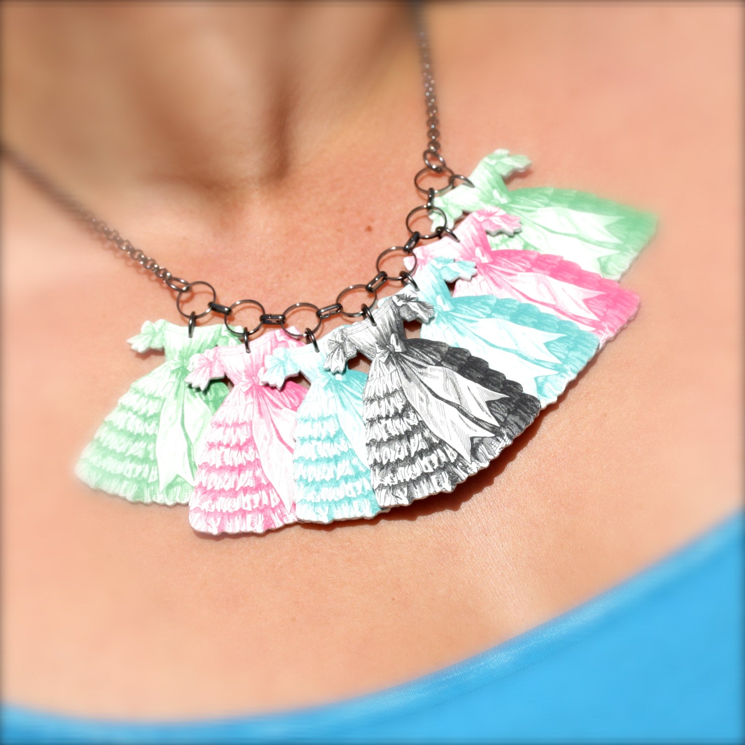 Pastel Aqua, Pink, Green and Black Victorian Dresses Statement Bib Necklace
