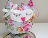 Pretty Lavender Owl, Pale Blue Blousey Flowers, Vintage Style Gift, Floral Home Decor
