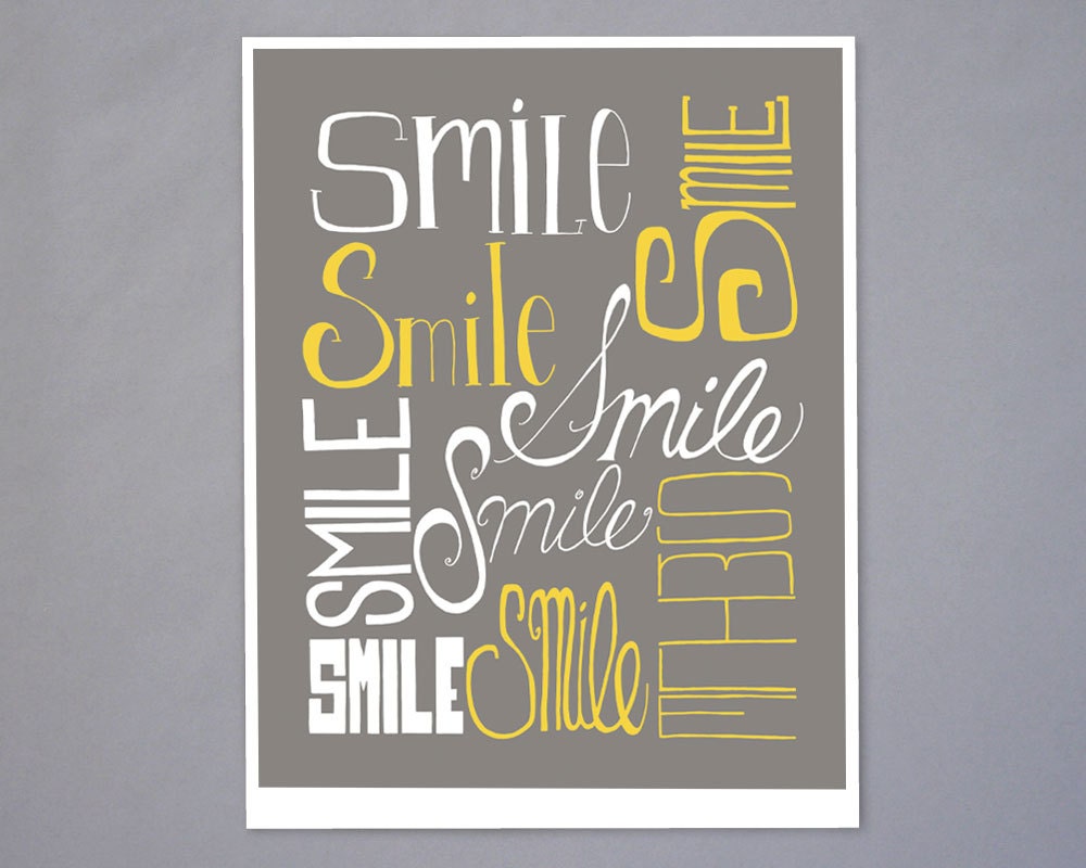 SMILE Hand Lettering Yellow and Gray 8x10 Art Print