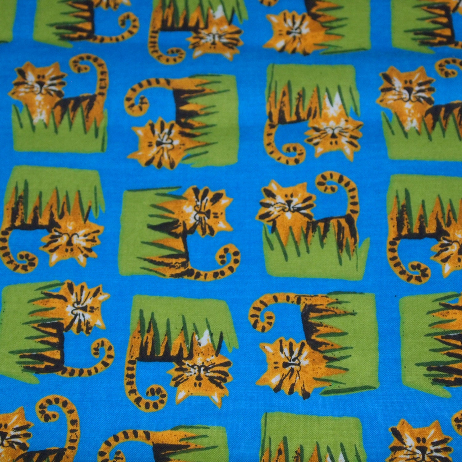 vintage 70s novelty print fabric, featuring cute tiger motif, 1 yard, 3 inches