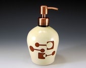 Porcelain soap dispenser - brushed copper pump - soft yellow glaze with mod design