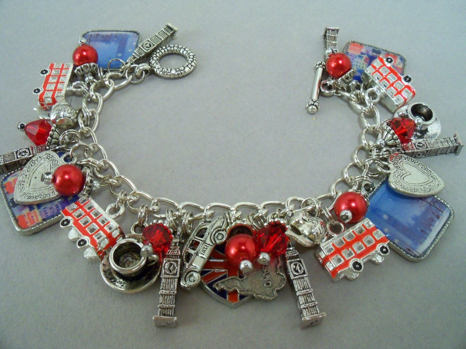 I Love London Altered Art Charm Bracelet Union Jacks, Red Buses and Big Ben