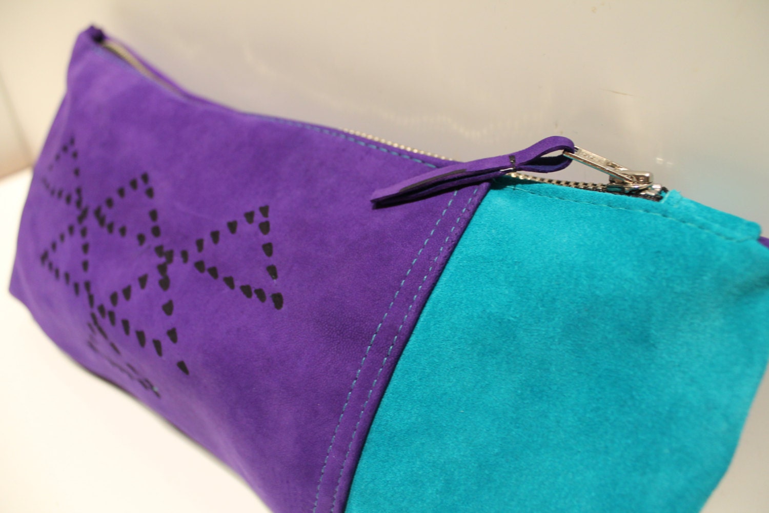 Purple Suede bag    - teal - violet - turquoise - geometric - trendy - suede clutch