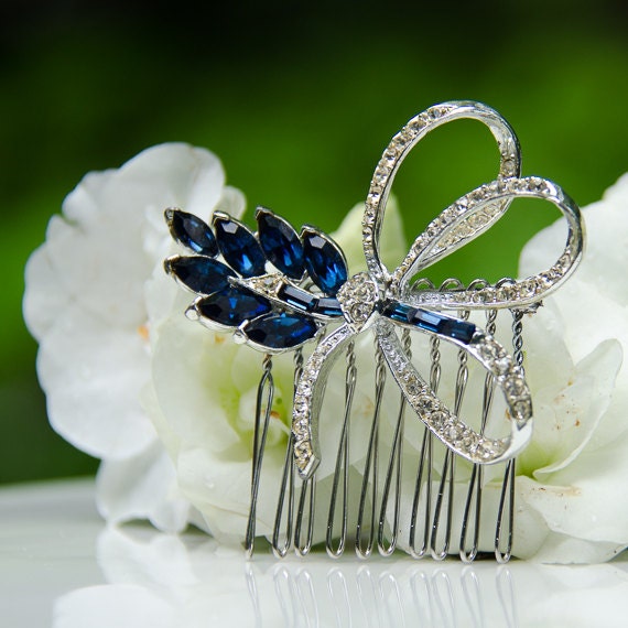 Sapphire And Clear Vintage Pell Rhinestone Brooch Hair Comb