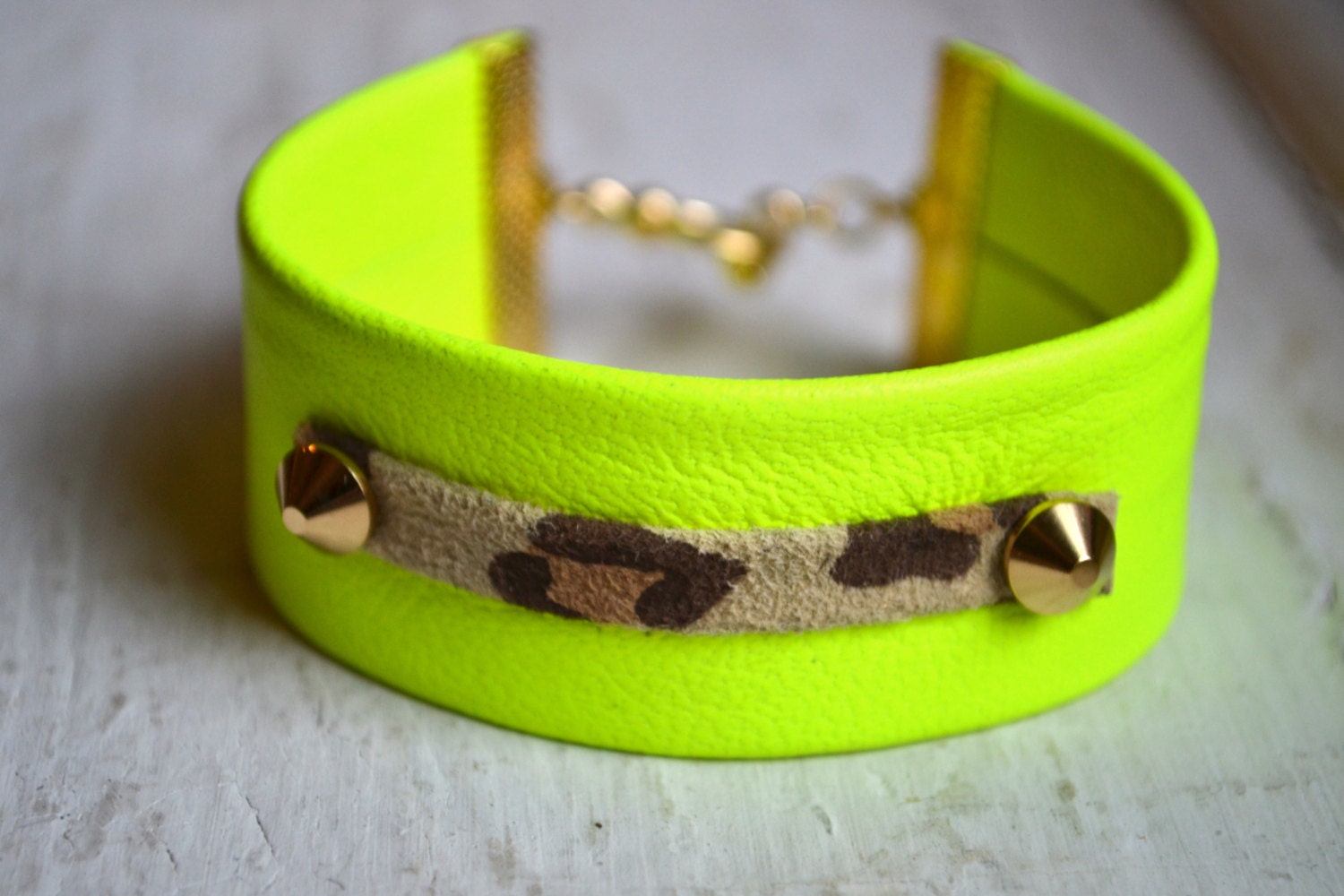 neon yellow leather with leopard print suede ID tag and mini gold spikes bracelet