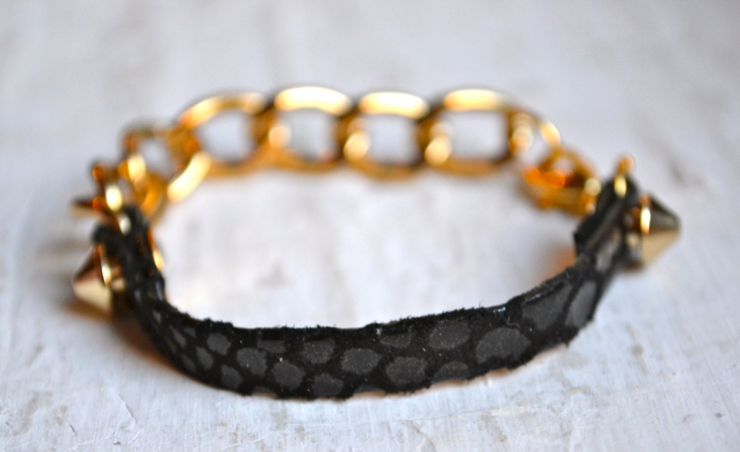 black on black snake thin leather spike and chain layering bracelet