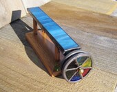 Kaleidoscope - Stained Glass- Dark Blue and White, Wheels, Wood Stand