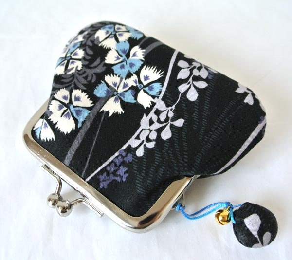 Kimono Coin Purse with a little shell bell, Cherry blossom blue in Black