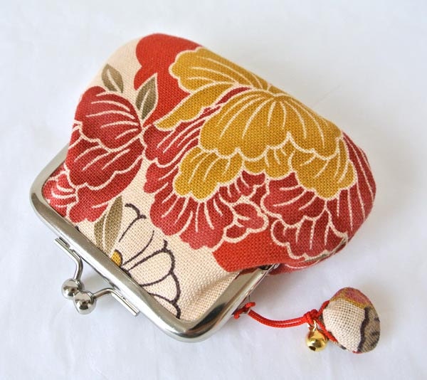 Kimono Coin Purse with a little shell bell, Red Peony flower