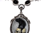 Steampunk Goth Jewelry - Necklace - Feline / Cat on Skull Cameo - Silver tone