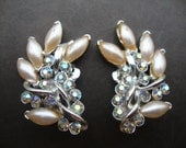 1950's BSK Rhinestone and Pearl Clip Earrings