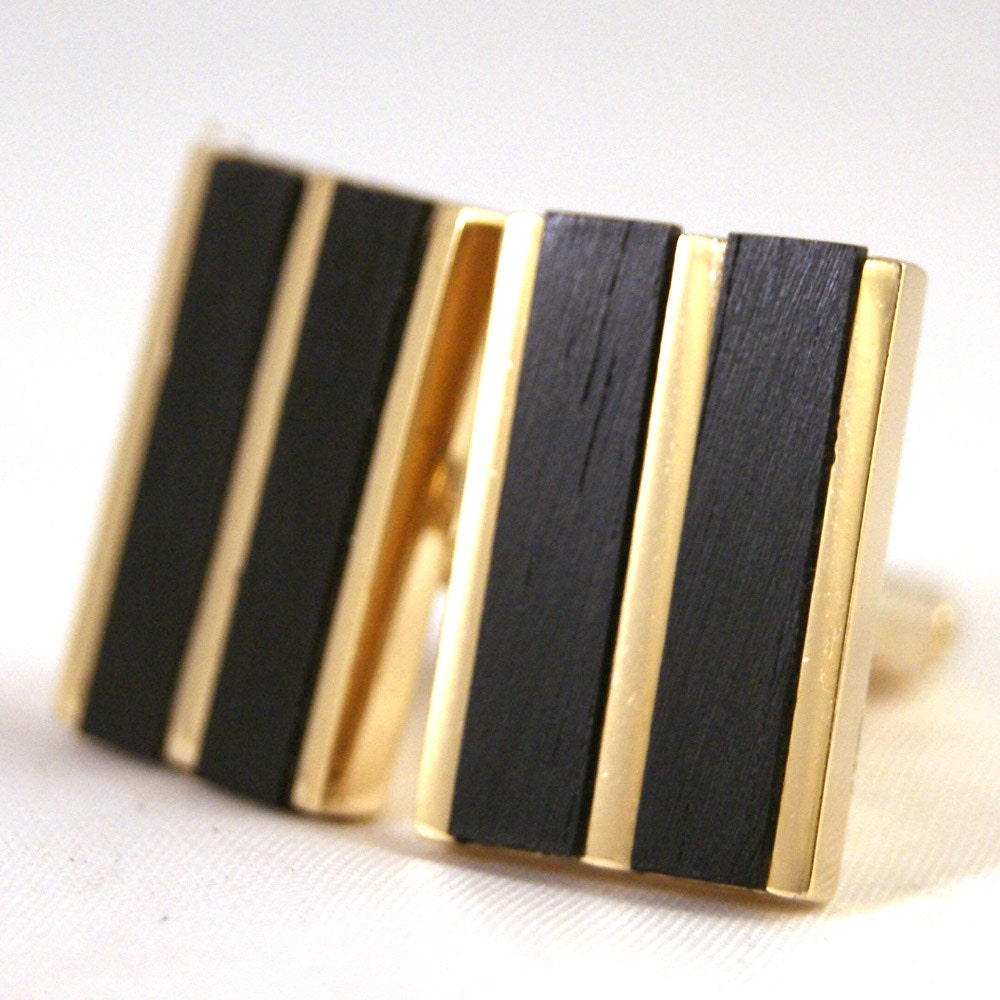 Wooden Cufflinks - Gaboon Ebony Accents in Gold Bezel cuff links (CL-584)
