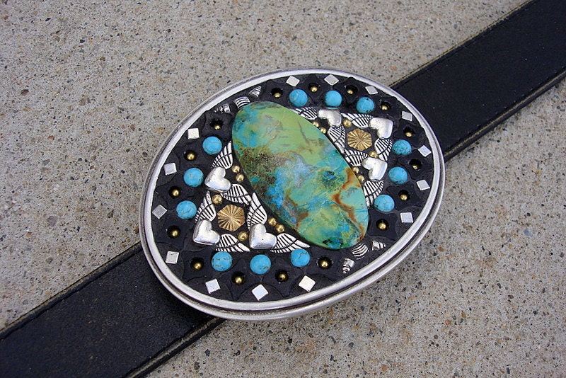 SOUL FLYER-Mosaic Belt Buckle-OOAK turquoise, silver,and brass men's belt buckle