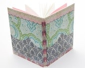 Pink and gray damask journal, notebook, beaded journal, gift under 15, gift for mom