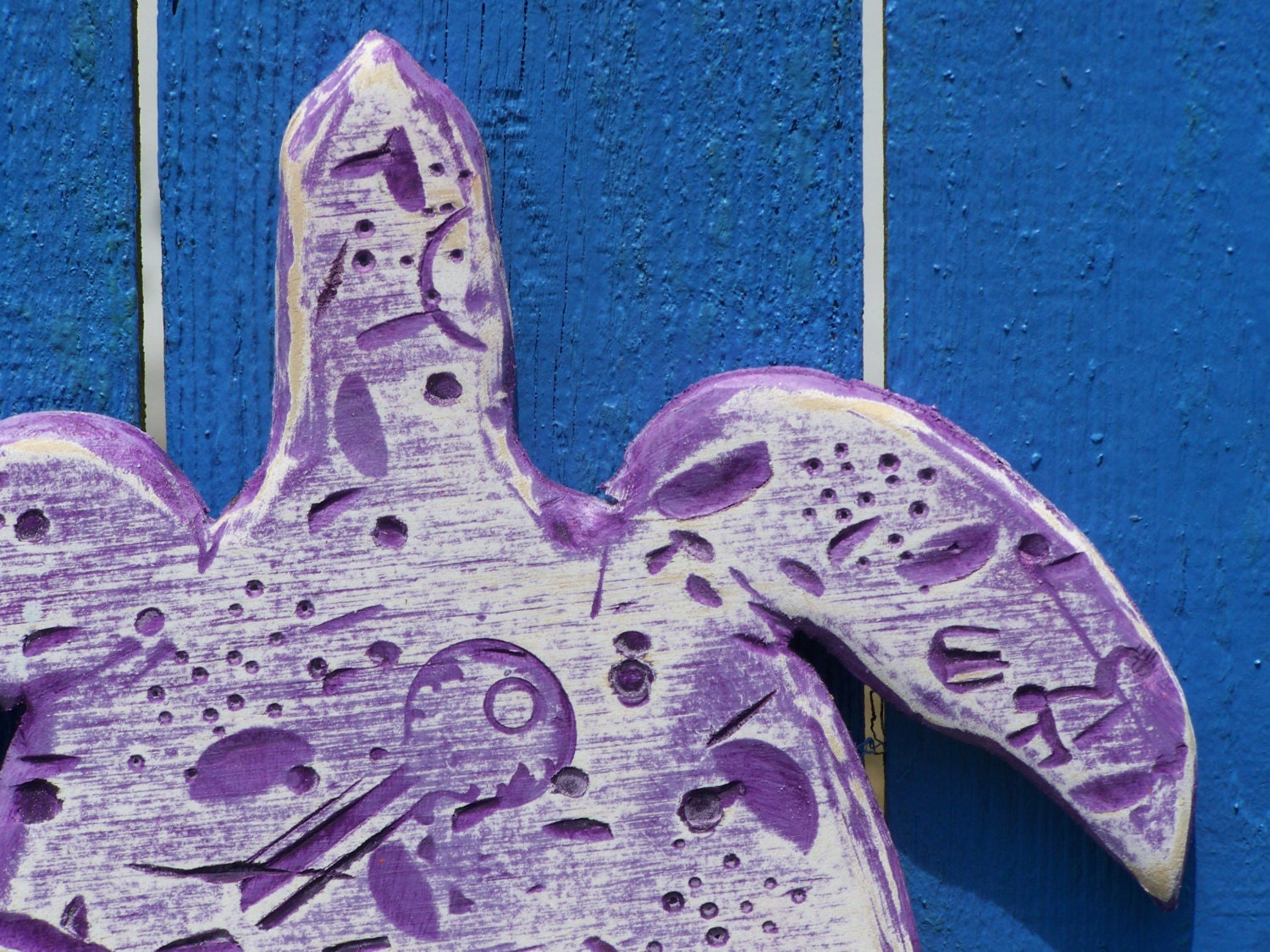 Sea Turtle in Purple and White 10in Heavily Distressed Wood Tropical Beach Cottage Coastal Fun Decor