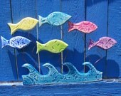 Little Fish and Waves Wall Hanging Colorful Distressed Wood and Copper