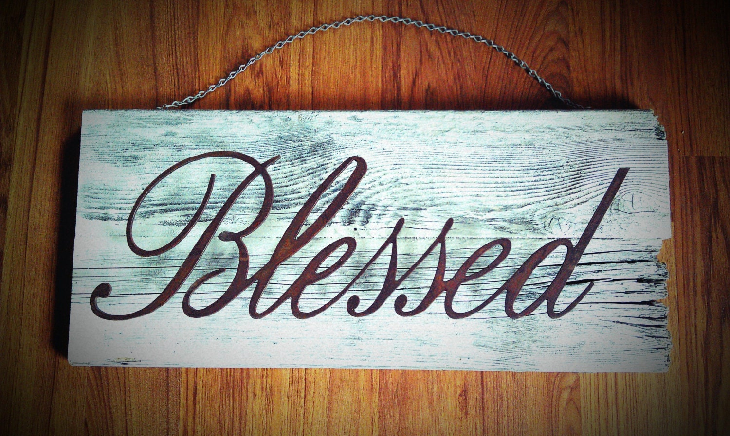 BLESSED steel and wood sign, reclaimed cedar wood, rusted metal, white distressed paint