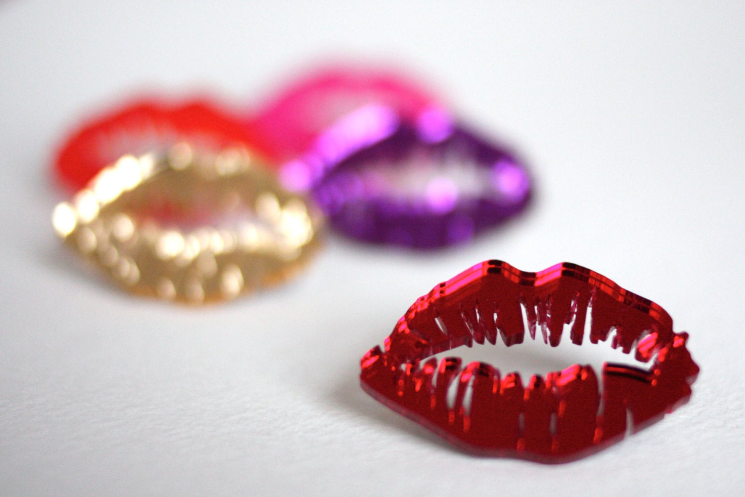 Lipstick Kisses. Lips Brooch. Little size kiss. Laser Cut Acrylic. Made in England.