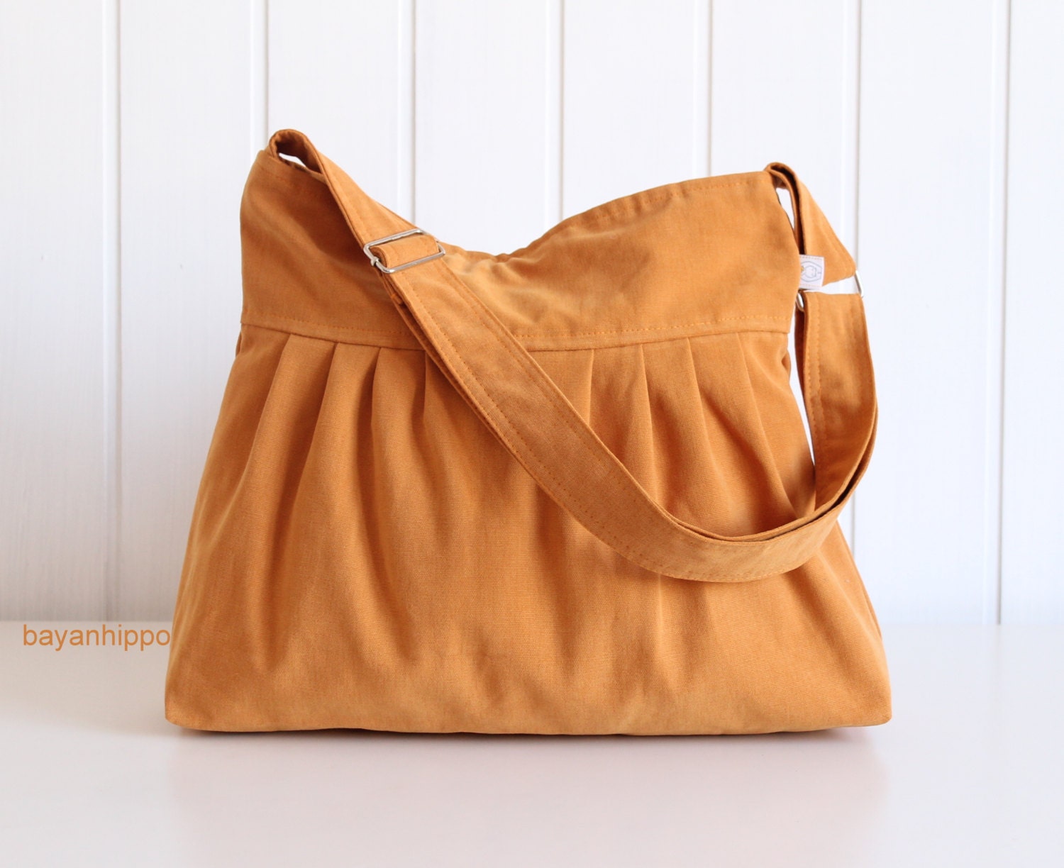 Dark Mustard ( Cinnamon Orange ) Canvas Pleated Bag - adjustable strap with ZIPPER top closure -