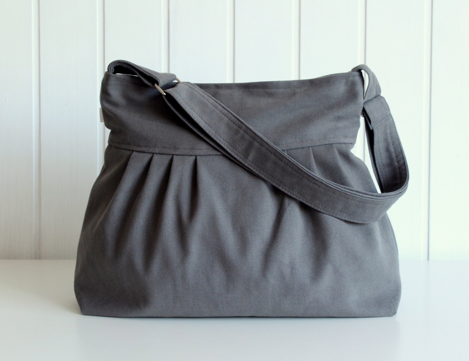 Olive Grey Canvas Pleated Bag - Messenger bag - adjustable strap with ZIPPER closure - diaper bag / Travel bag, trip / smoke gray