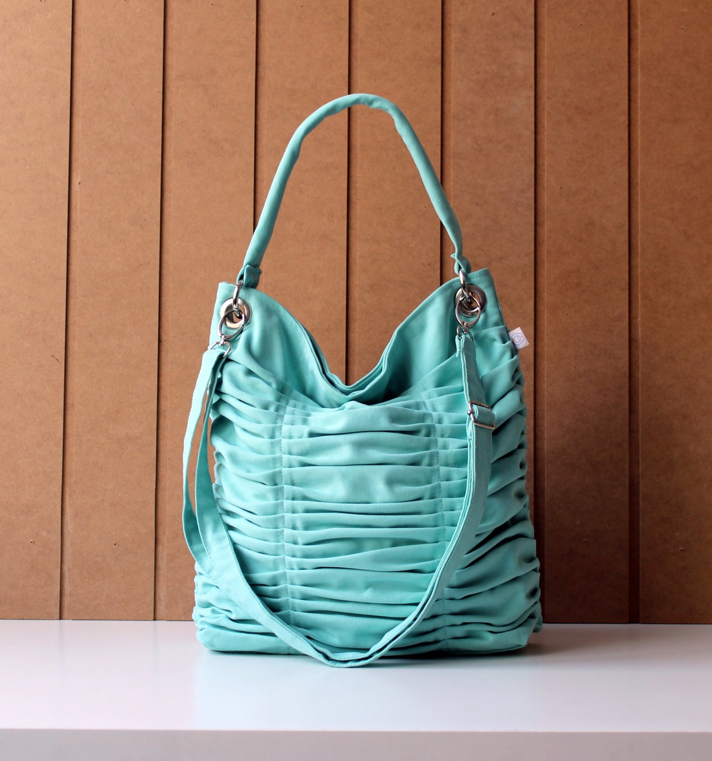 2013 Poetry in Aqua Blue / Pleated Bag / Shoulder Bag / Diaper / Large / Travel / Ruffles Bag / Messenger / Cross Your Body / Spring