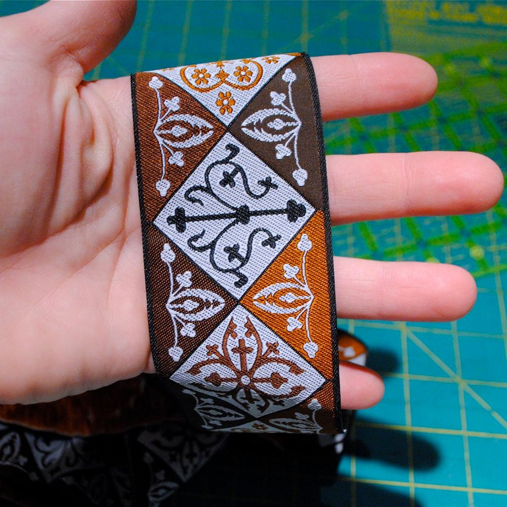2 inch Woven Jacquard Ribbon - 2 yards - Brown Tournament Diamonds - gold, caramel, chocolate, peanut, cocoa