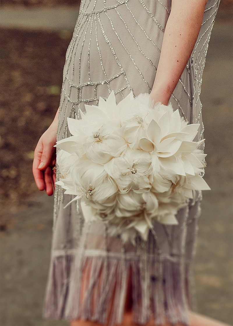 Bridal bouquet - large feather wedding bouquet . Rhinestone and crystal accents - COLETTE