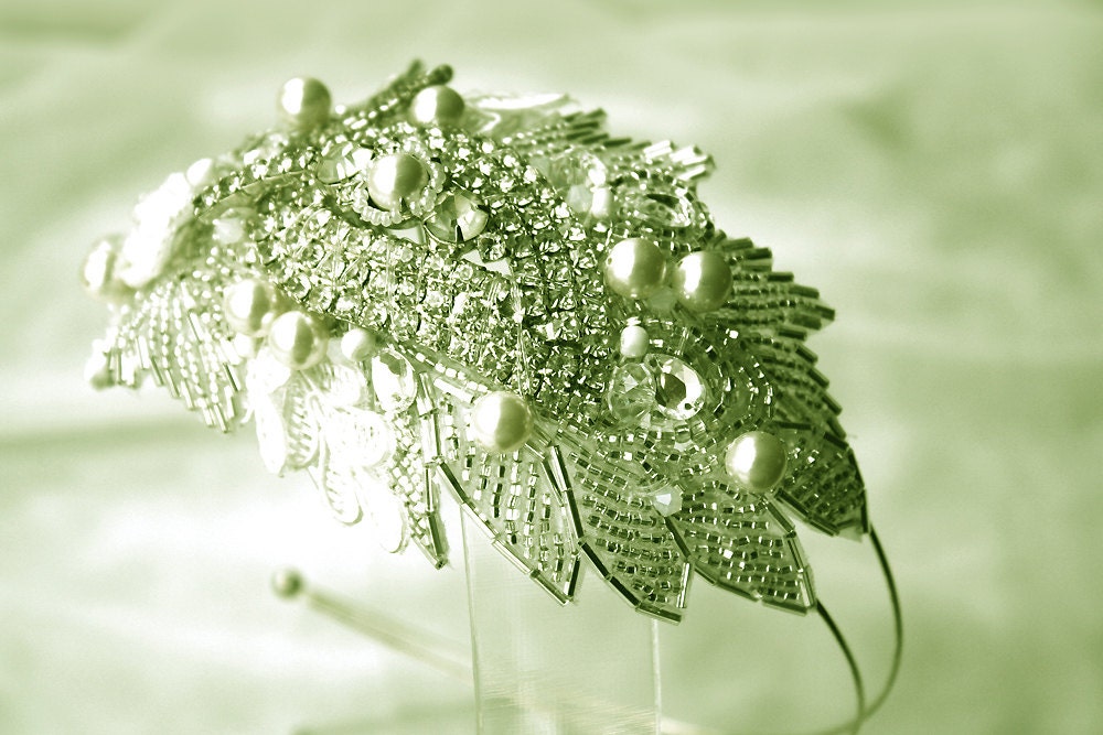 Wedding headband  Bridal side tiara  with vintage rhinestones brooch and hand wired crystals  LEAVES
